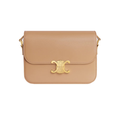 CELINE/賽琳 22新款 CLASSIC TRIOMPHE系列 女士暖沙色緞面小牛皮金色金屬搭扣開(kāi)合調(diào)節(jié)肩帶單肩包187363BF4.03DL