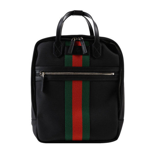 GUCCI/古馳 男士黑色帆布配皮字母壓花徽標(biāo)紅綠條紋織帶手提包雙肩包旅行包背包男包 495558-KWTIN-1060