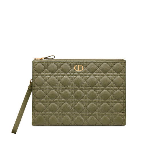 DIOR/迪奧 CARO DAILY系列 女士大號雪松綠色柔軟藤格紋小牛皮拉鏈?zhǔn)帜冒黃5086UWHC_M67H