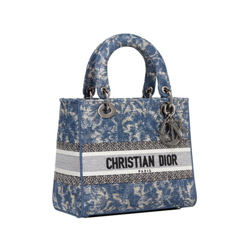 DIOR/迪奧 23新款 LADY D-LITE系列 女士中號藍色牛仔效果織錦刺繡釕飾面金屬吊飾拆卸調(diào)節(jié)雙面刺繡肩帶斜挎手提包M0565BRXR_M49E