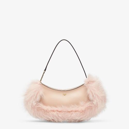  FENDI芬迪 22年秋冬 女士 手提包 淺粉紅色皮革和狐貍皮革手拿包 8BS068ALS9F1IVT