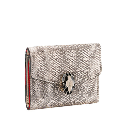 BVLGARI/寶格麗 SERPENTI FOREVER系列 淺灰色蛇皮琺瑯瑪瑙蛇首按扣錢包 289205