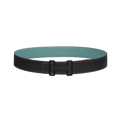 HERMES/愛(ài)馬仕 H系列 石墨/天空藍(lán)色荔枝紋小牛皮 男士雙面啞光黑金屬扣皮帶38毫米H077942CY89/H077971CAAL090