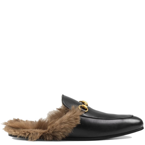 GUCCI/古馳 2015 Re-Edition系列 男士黑色皮革羔羊毛馬銜扣拖鞋397647DKHH01063