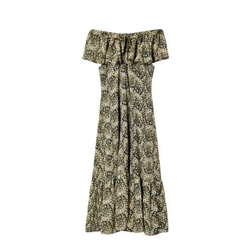 GeleiStory/GeleiStory  夏新款修身高腰顯瘦波西米亞印花一字領(lǐng)連衣裙  女裝＞女士裙裝＞女士連衣裙