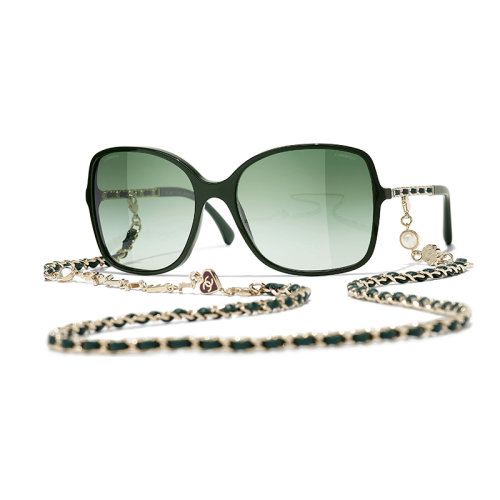 Chanel/香奈兒 22年春夏新款 女士漸變綠色鏡片深綠色/金色醋酯纖維鏡框飾金屬和小牛皮鏈條方框太陽(yáng)眼鏡墨鏡A40911X06074S2813