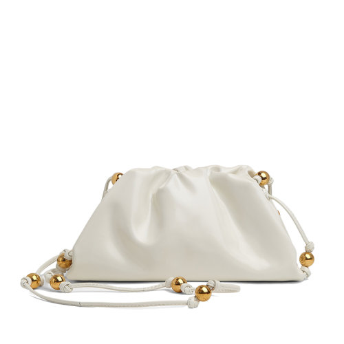 Bottega Veneta/葆蝶家 21新款POUCH系列 女士迷你白色牛皮革金色圓珠裝飾手拿包680186V1C309009