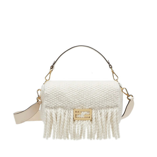 FENDI/芬迪 BAGUETTE系列 女士中號白色羊毛材質(zhì)FF搭扣翻蓋長流蘇金色飾面金屬配飾可拆卸肩帶單肩斜跨手提包8BR600AH98F0VWM