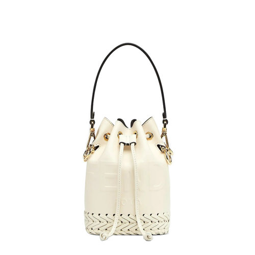 FENDI/芬迪 MON TRESOR系列 女士迷你白色皮革材質(zhì)皮革刺繡金色金屬配飾附可拆卸肩帶斜跨單肩手提水桶包8BS010AGV0F0K7E