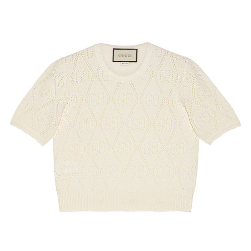 GUCCI/古馳新款女士?象牙白色GG鏤空針織羊毛圓領(lǐng)上衣650676XKBL79200