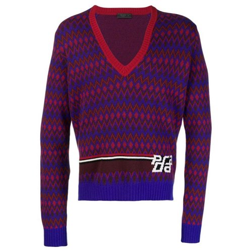 PRADA/普拉達(dá) 男性 V領(lǐng) 條紋 男士針織衫/毛衣 UMA861-S-182#1R87#F0030