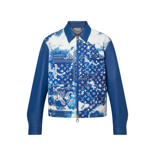 Louis Vuitton/路易威登 22年秋冬新款 MONOGRAM系列 女士藍色皮革拼牛仔面料老花絲巾印花束腰夾克1AA7DT