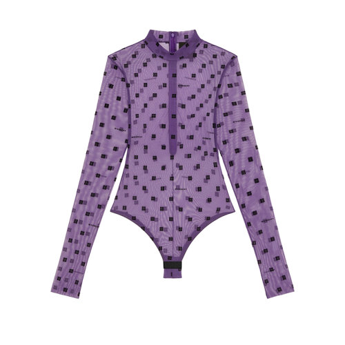 Givenchy/紀(jì)梵希 22年秋冬新款 女士茄紫色/海軍藍色錦綸混紡彈力薄紗天鵝絨LOGO圖案長袖緊身衣BWB01G30ND-505