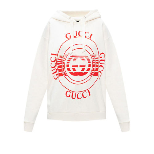 GUCCI/古馳  古琦女裝 女士白色棉質(zhì)時尚圖案LOGO印花連帽衛(wèi)衣 615061 XJCRR 9104