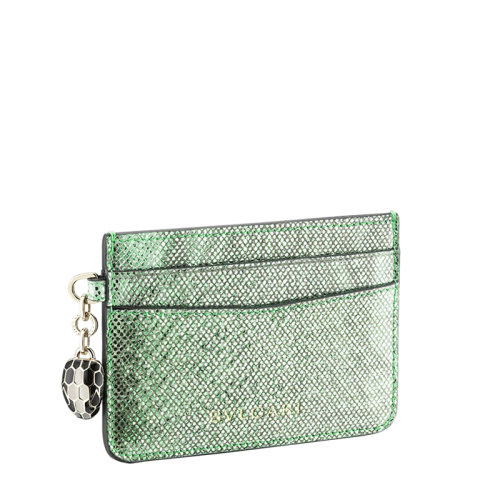 BVLGARI/寶格麗 21新款 SERPENTI FOREVER系列 女士薄荷色蛇皮徽標(biāo)黑白琺瑯蛇頭卡片夾290122