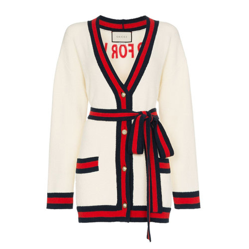 GUCCI/古馳  女裝 服裝 淡黃色棉質(zhì)混紡蝴蝶結(jié)系帶束腰長款針織衫外套 女士針織衫