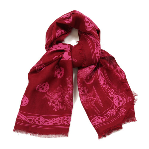Alexander McQueen/亞歷山大麥昆 暗紅色-玫粉色骷髏圖案 絲巾 5285713A34Q 5172