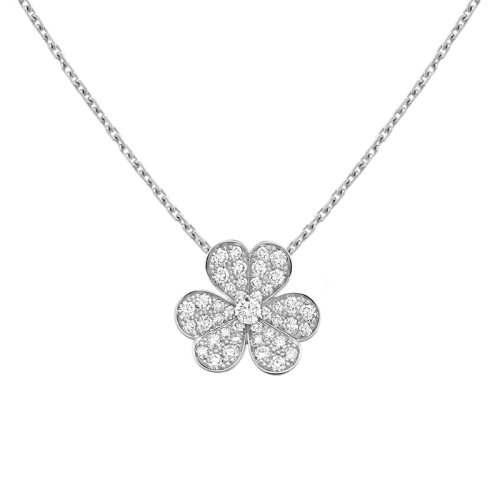 Van Cleef & Arpels/梵克雅寶 經(jīng)典Frivole系列 18k金白金鑲嵌鉆石滿鉆三瓣花朵小號(hào)吊墜項(xiàng)鏈VCARD31800