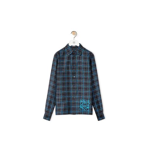  LOEWE羅意威 22年秋冬 男士 長(zhǎng)袖襯衫 Anagram stamp check shirt in silk and cotton H526Y05