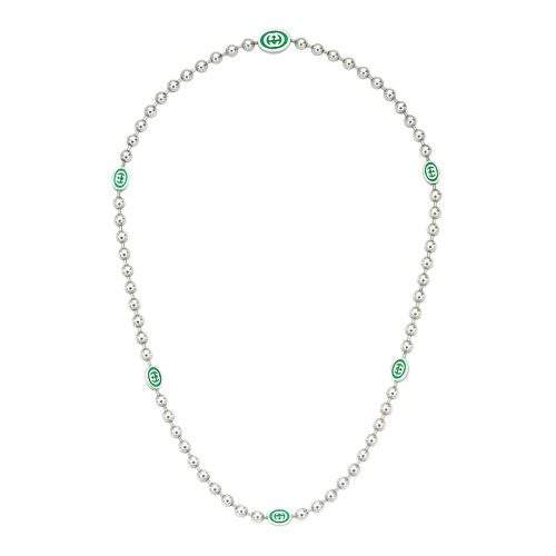 GUCCI/古馳 22春夏新款 銀色925純銀珠鏈飾綠色琺瑯互扣式雙G徽標(biāo)鏈?zhǔn)巾?xiàng)鏈701611J84108414