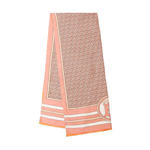 BURBERRY/博柏利 22年早春新款 男女同款泡泡糖粉紅色/黃色桑蠶絲老花印花流蘇雙面絲巾80411751