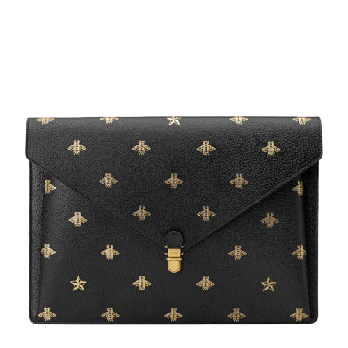 GUCCI/古馳 男士黑色皮革蜜蜂和星星圖案印花翻蓋開合手拿包公文包男包 500976-DJ2LT-1055