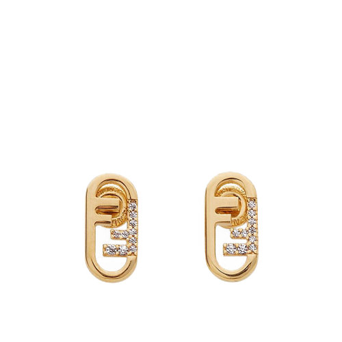 FENDI/芬迪  O’LOCK系列 金色金屬Fendi O'Lock圖案白色水晶耳環(huán)8AH320A44GF089U