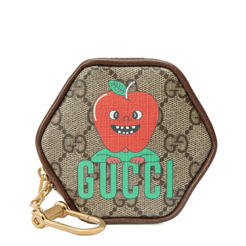 GUCCI/古馳 22新款 男女同款烏木色/米色帆布配皮紅蘋果大頭小人印花金鑰匙扣拉鏈開合幾何六邊形錢包零錢包鑰匙包700737U2YAG8679