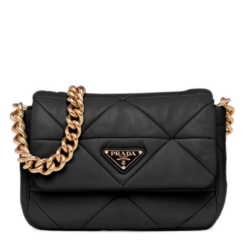 PRADA/普拉達(dá) 22年新款Prada System系列 女士黑色軟羊革拼縫琺瑯金三角扣復(fù)古金鏈配可拆卸的迷你小袋尼龍肩帶單肩斜跨手提鏈條包1BD292_2DMO_F0002_V_L9O