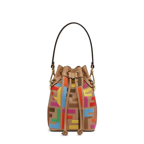 FENDI/芬迪 MON TRESOR系列 女士迷你米色帆布多彩老花刺繡配可拆卸肩帶斜跨斜跨單肩手提水桶包8BS010AHW7F1FSH