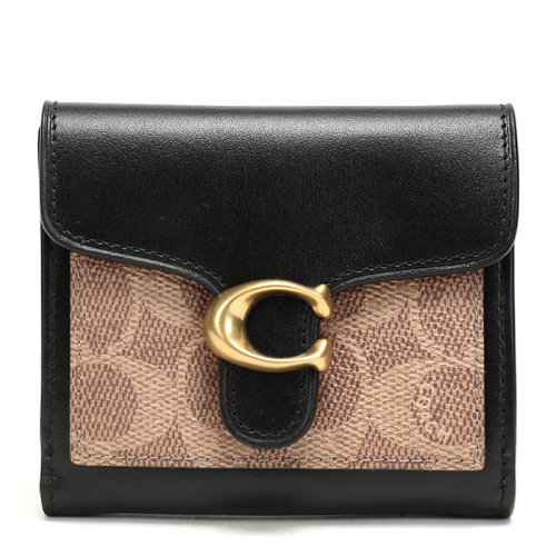 COACH/蔻馳 ABBY系列女士黑黃棕拼色涂層帆布配皮經(jīng)典雙C字母徽標(biāo)印花圖案按扣開(kāi)合短款錢夾錢包卡包女包 85994B4OOH