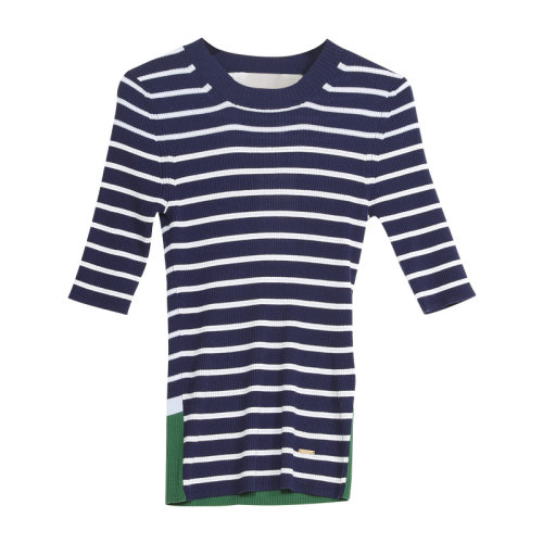 GeleiStory/GeleiStory 親膚條紋螺紋羊毛圓領(lǐng)通勤顯瘦打底衫 女裝＞女針織衫/毛衣＞女士針織衫/毛衣