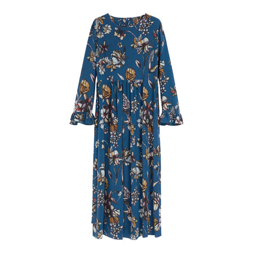 MaxMara/麥絲瑪拉 22年早春新款 TONIO系列 女士藍(lán)灰色真絲印花雙縐長(zhǎng)款連衣裙9221202106001