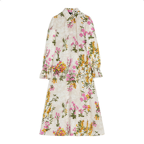 MaxMara/麥絲瑪拉 22年早春新款 ARTURO系列 女士粉白色真絲印花雙縐喇叭襯衫連衣裙5221022706002