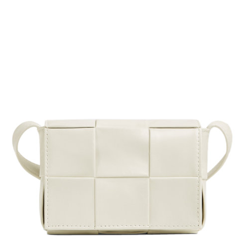 Bottega Veneta/葆蝶家 22春夏新款CASSETTE系列 男女同款迷你白色小牛皮Intreccio編織單肩斜挎豆腐包667048VCQ729007