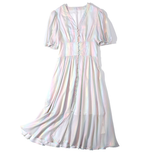 GeleiStory/GeleiStory  春夏新款清新甜美天絲燈籠袖彩虹色收腰連衣裙  女裝＞女士裙裝＞女士連衣裙