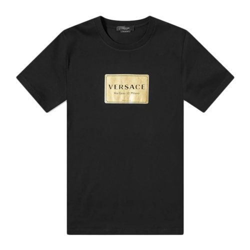 VERSACE/范思哲   男士 服裝 黑色圓領(lǐng)金色字母印花圖案棉質(zhì)T恤 男士短袖T恤