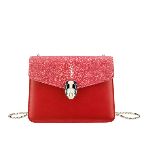 BVLGARI/寶格麗 SERPENTI FOREVER系列 黃貂魚皮和紅色小牛皮配以標(biāo)志性蛇頭搭扣小號(hào)翻蓋斜挎單肩包 287053