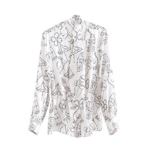 GeleiStory/GeleiStory 春秋新款手繪復(fù)刻圖案黑白印花寬松印花襯衫 女裝＞女士襯衫＞女士長(zhǎng)袖襯衫