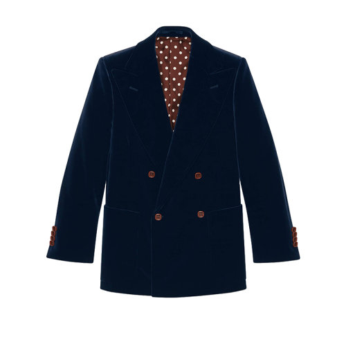 GUCCI/古馳  男士深藍(lán)色雙排扣天鵝絨大衣 608631ZADV54388