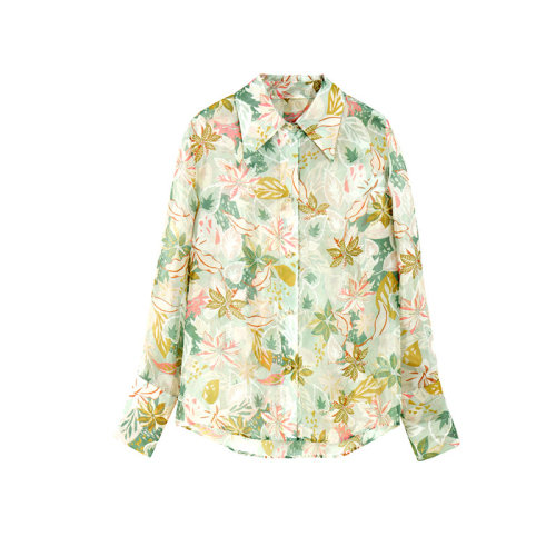 GeleiStory/GeleiStory2022秋季新款印花珠光翻領(lǐng)法式優(yōu)雅氣質(zhì)寬松休閑長(zhǎng)袖上衣襯衫女