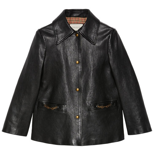 GUCCI/古馳女士黑色皮革馬銜扣皮夾克644932XNADG1000