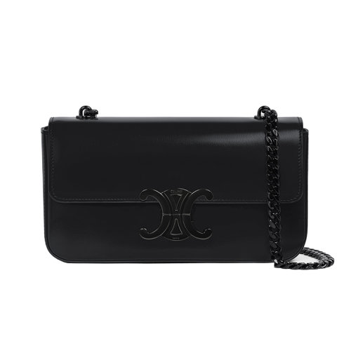 CELINE/賽琳 22新款 TRIOMPHE系列 女士黑色緞面小牛皮黑色金屬鏈條單肩斜挎包197993EQJ.38NN