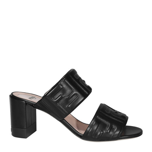 Fendi/芬迪女士黑色皮革經(jīng)典雙F字母徽標(biāo)壓花露趾粗跟鞋高跟鞋涼鞋拖鞋單鞋女鞋 8R8127-ABOH-F0ABB