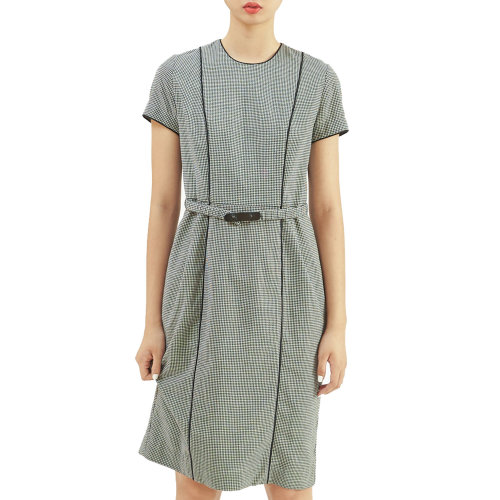 19年秋冬款nisiss/怡夕棉紗格紋圓領(lǐng)收腰連身裙女士連衣裙y141ao01