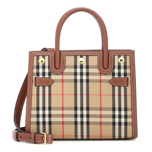 BURBERRY/博柏利  經(jīng)典格紋帆布拼接棕色小牛皮手提單肩包 80252671