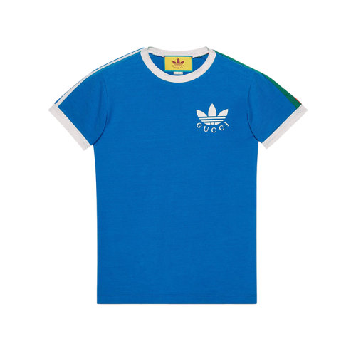 GUCCI/古馳 22年秋冬新款 adidas聯(lián)名系列 男士藍(lán)色棉質(zhì)混紡Logo印花短袖T恤691637XJEKL4744