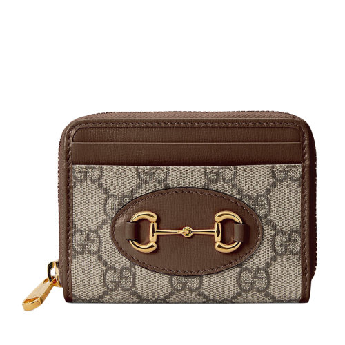 GUCCI/古馳 Horsebit 1955系列 女士米色烏木色GG帆布棕色皮革飾邊馬銜扣細(xì)節(jié)拉鏈卡包65854992TCG8563