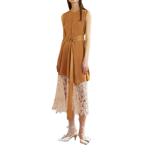 HUI/卉 女士連衣裙19春季黃棕色蕾絲拼接連衣裙圓領(lǐng)收腰中長(zhǎng)款背心裙