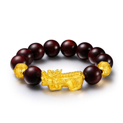 GJY/古金玥 財?shù)摵嘞?3D硬金999足金精工貔貅配小葉紫檀男士黃金轉(zhuǎn)運珠手鏈
